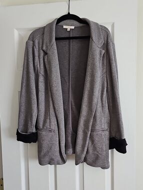Light Gray Open Front Blazer Jacket with Black Cuff Detail